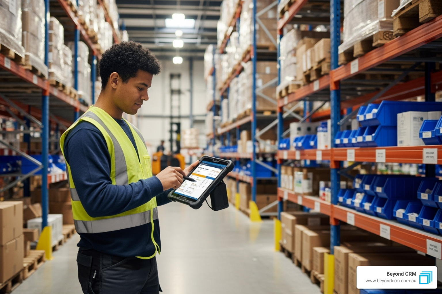 of a warehouse employee using a tablet to manage inventory - dynamics 365 small business