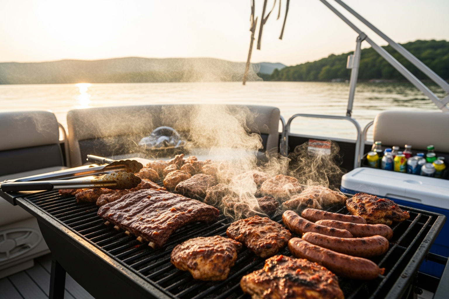Delicious BBQ sizzling on a pontoon boat grill - gold coast day tours