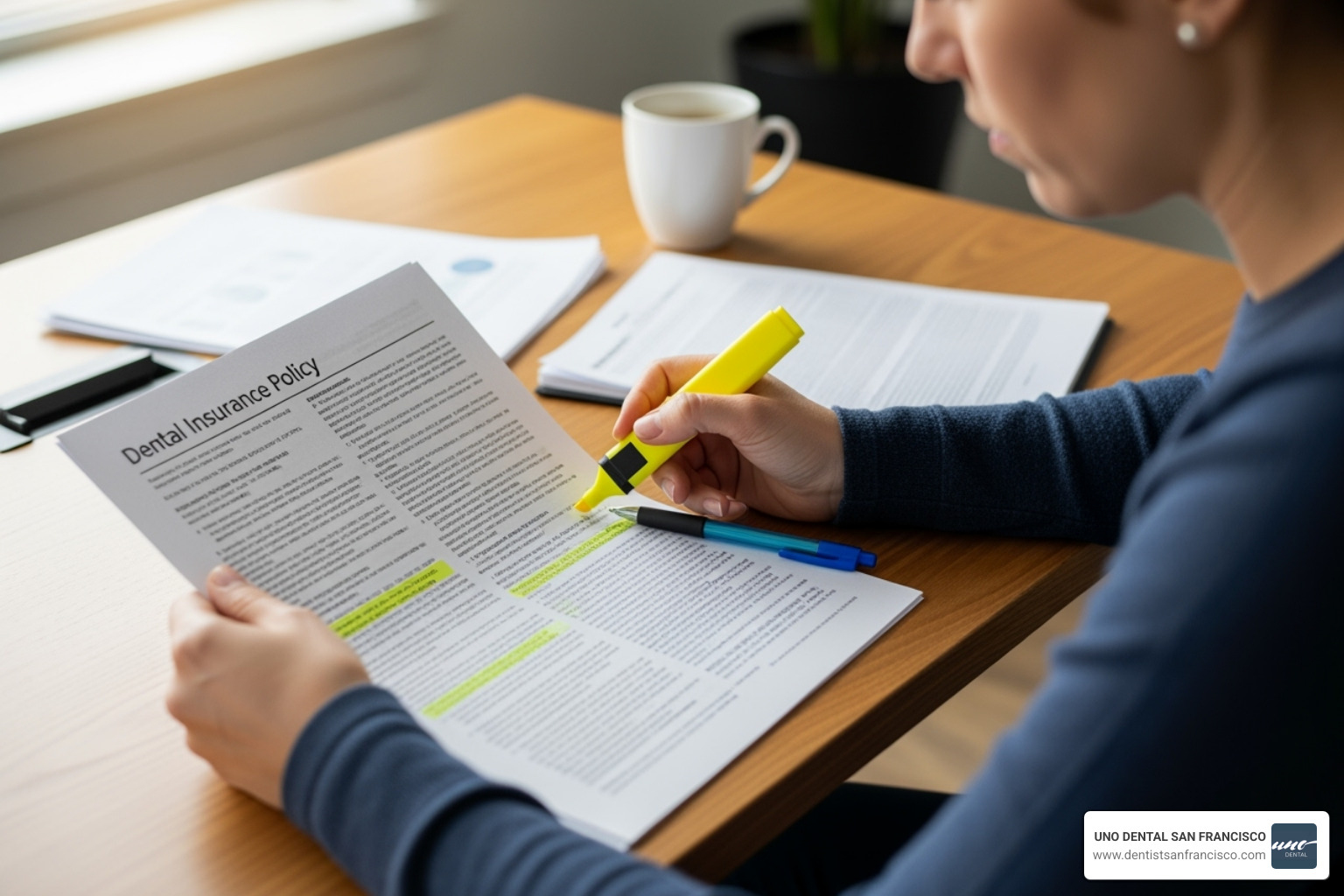 A person sitting at a desk, intently reviewing a detailed dental insurance policy document with a highlighter and pen. - dental insurance that covers bonding A person sitting at a desk, intently reviewing a detailed dental insurance policy document with a highlighter and pen. - dental insurance that covers bonding