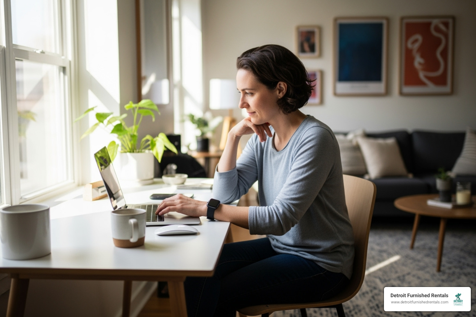 Person working comfortably at a dedicated desk space in an apartment - is corporate housing furnished