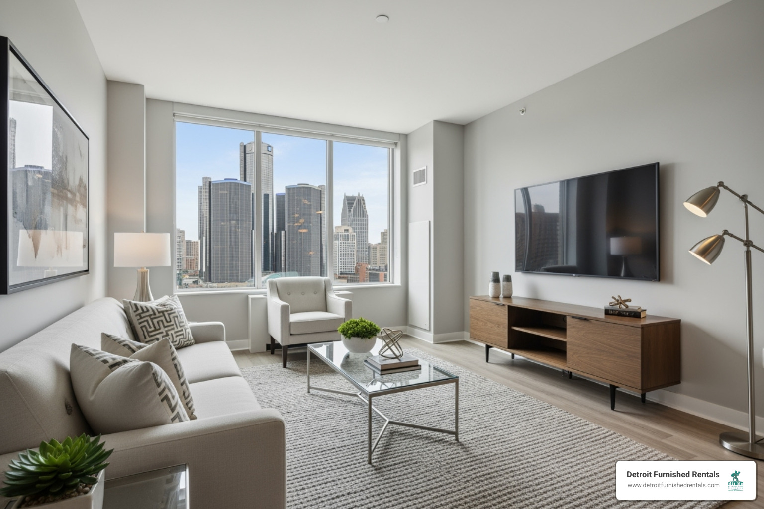 Modern corporate housing living room in Detroit - is corporate housing furnished