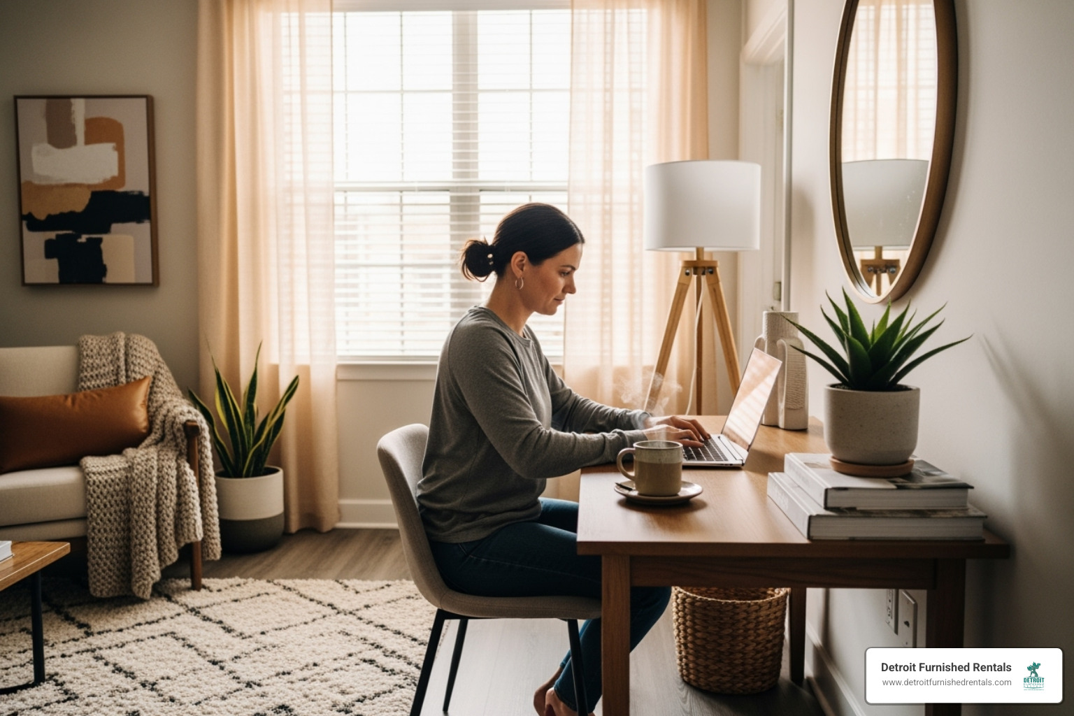 person working comfortably at a desk in a furnished rental - Monthly rentals Detroit*