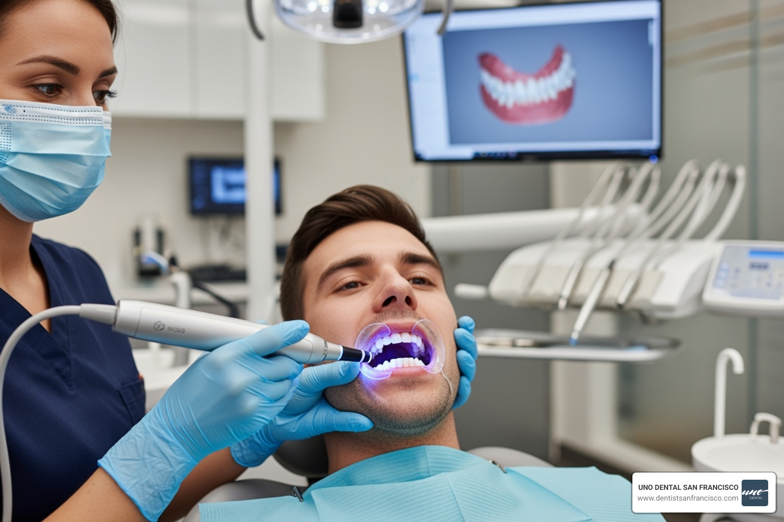 Dentist using a digital intraoral scanner on a patient - same day dental plan Dentist using a digital intraoral scanner on a patient - same day dental plan
