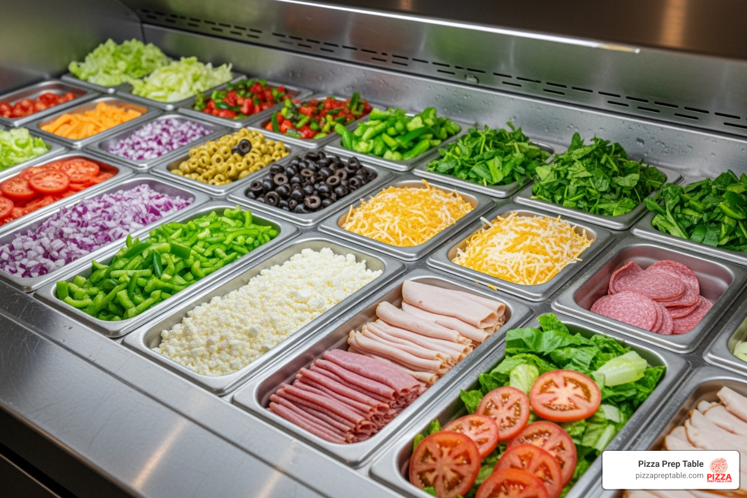 top rail showing 1/6 size pans neatly arranged - mega top sandwich prep table top rail showing 1/6 size pans neatly arranged - mega top sandwich prep table