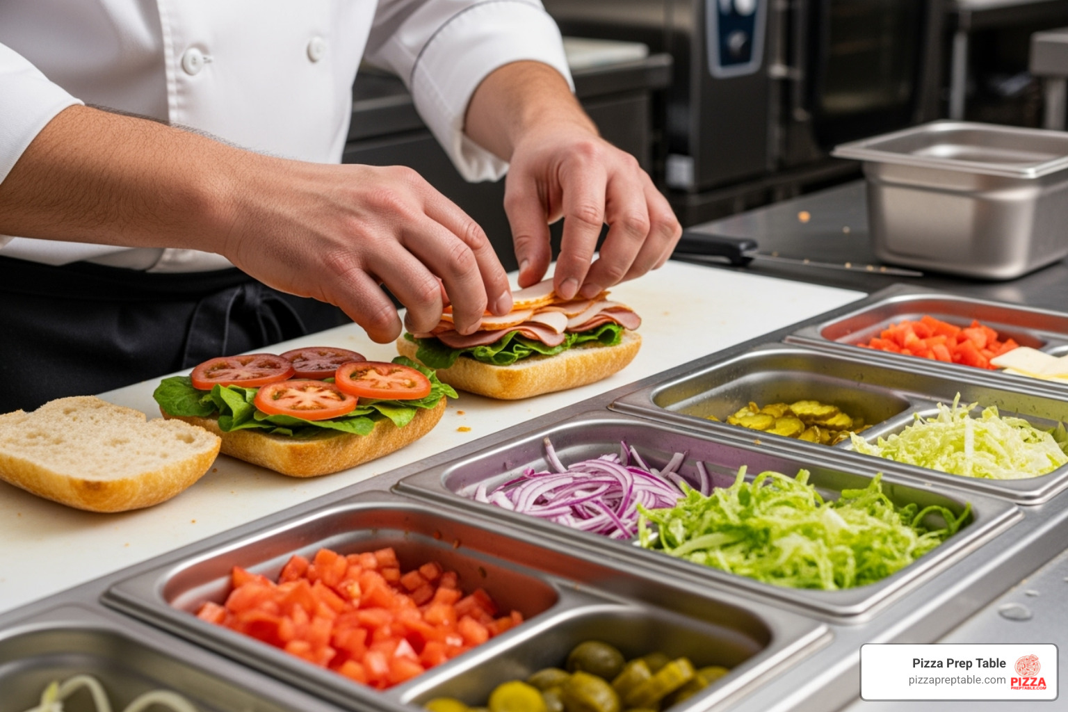 chef assembling a sandwich using a mega top prep table - mega top sandwich prep table chef assembling a sandwich using a mega top prep table - mega top sandwich prep table