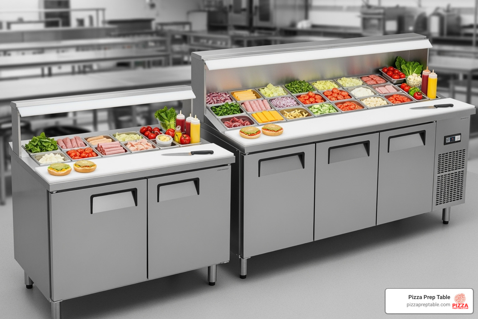 2-door and a 3-door mega top prep table to illustrate different sizes - mega top sandwich prep table 2-door and a 3-door mega top prep table to illustrate different sizes - mega top sandwich prep table