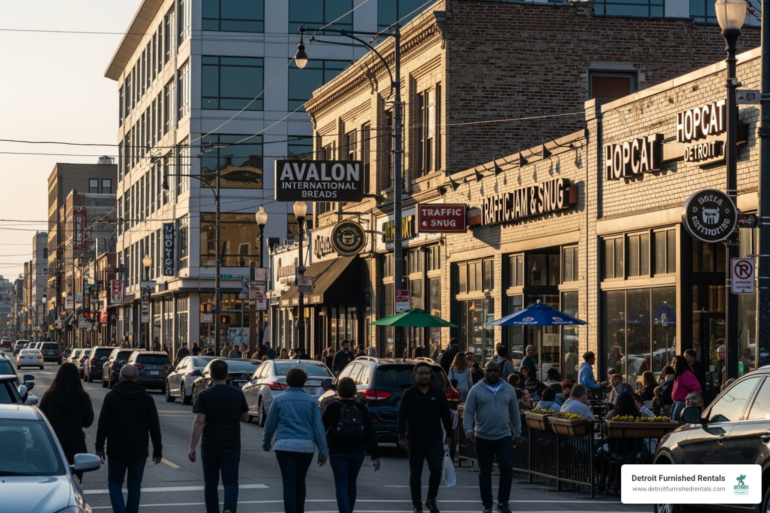 a busy street in Midtown Detroit, showing shops and restaurants - furnished apartments Midtown Detroit