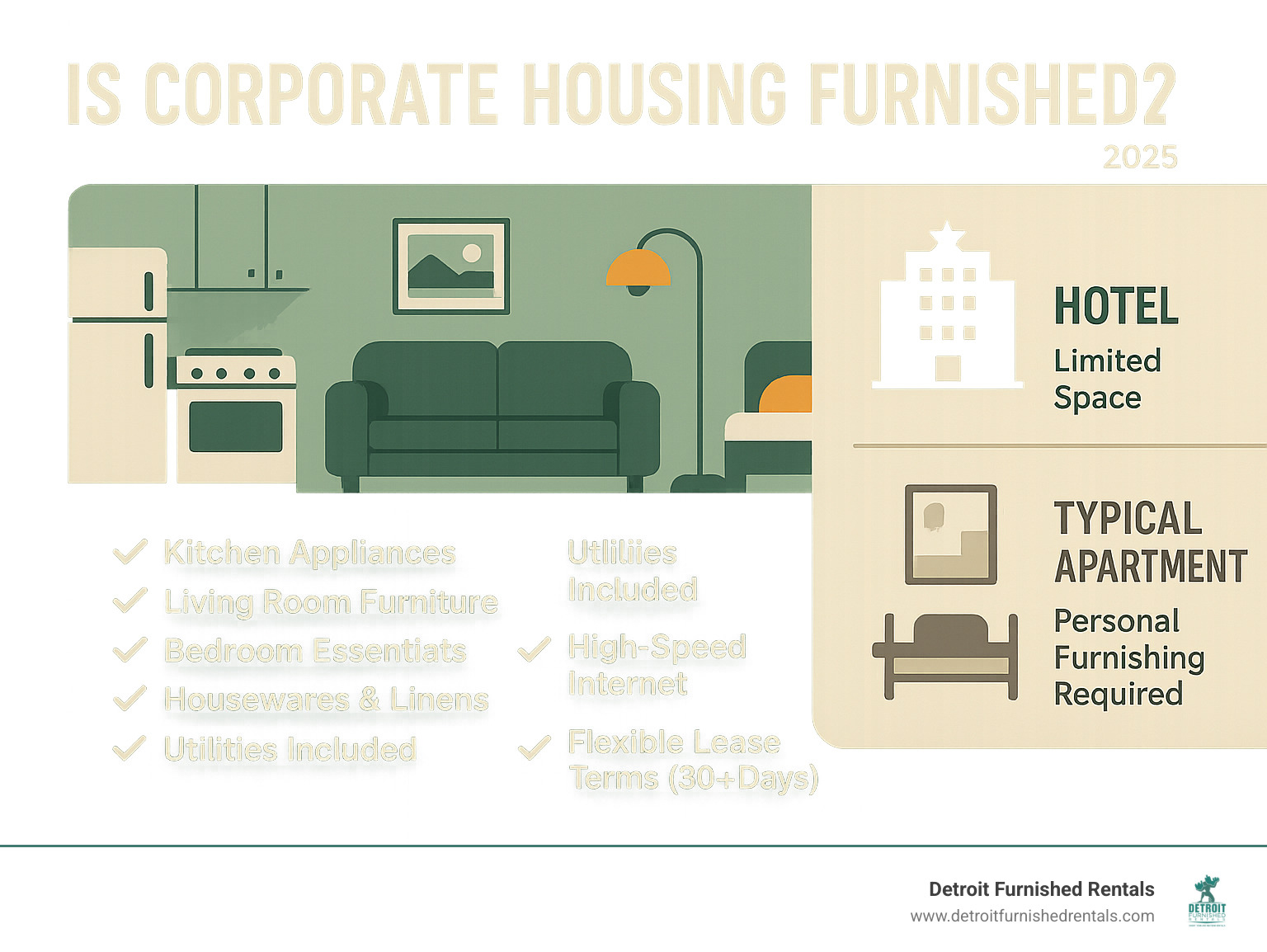 Infographic showing corporate housing features: fully furnished apartments with kitchen appliances, living room furniture, bedroom essentials, housewares, linens, utilities, high-speed internet, and flexible lease terms of 30+ days, compared to hotels with limited space and standard apartments requiring personal furnishing - is corporate housing furnished infographic 