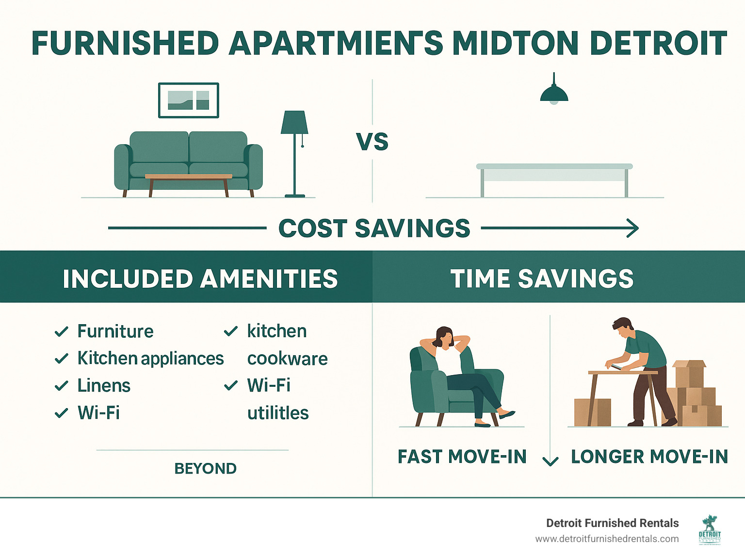 Infographic showing furnished vs unfurnished apartment comparison with cost savings timeline, included amenities checklist, and time savings breakdown for move-in process - furnished apartments Midtown Detroit infographic 