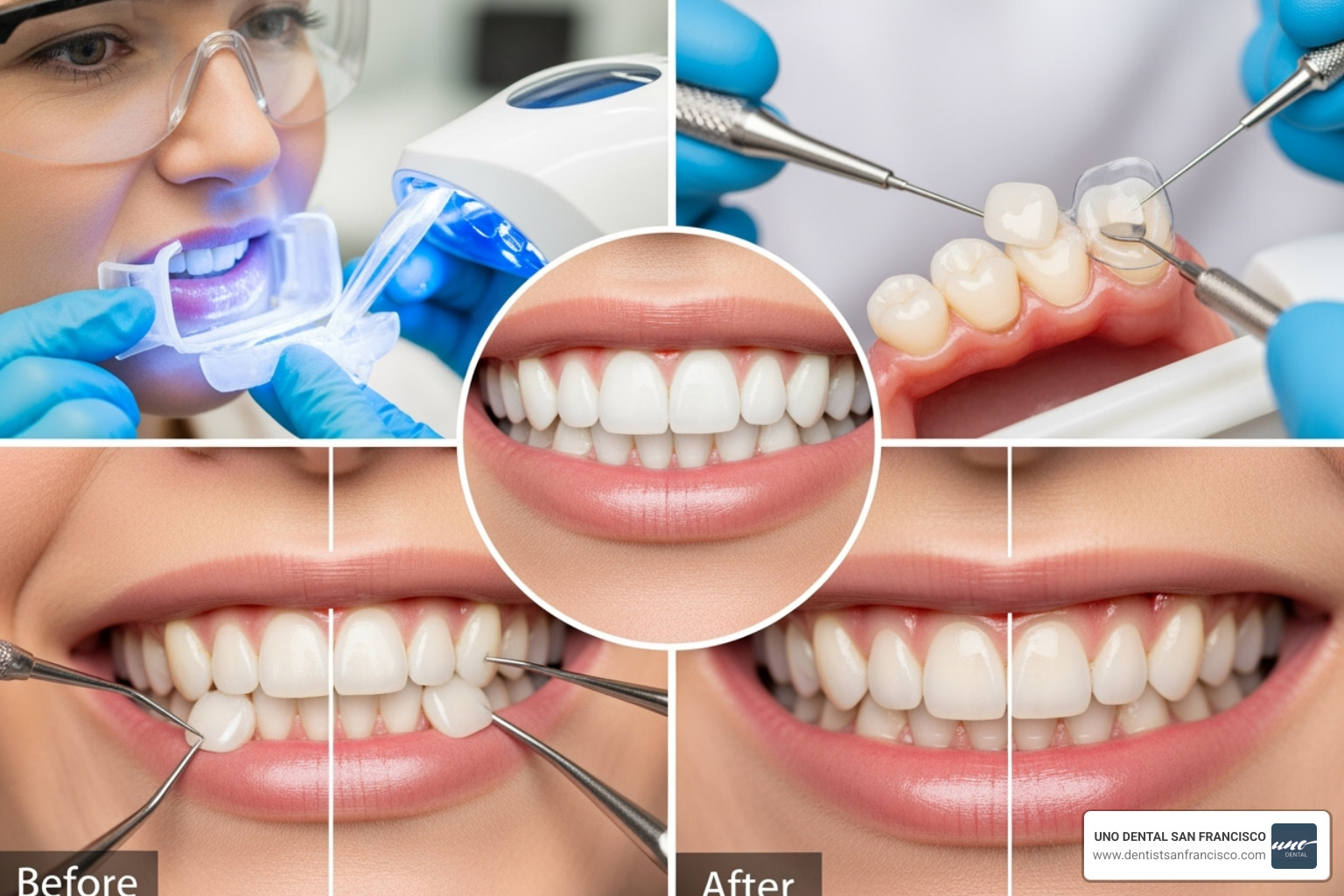 collage of different cosmetic procedures like veneers and teeth whitening - discount dental plans for cosmetic dentistry