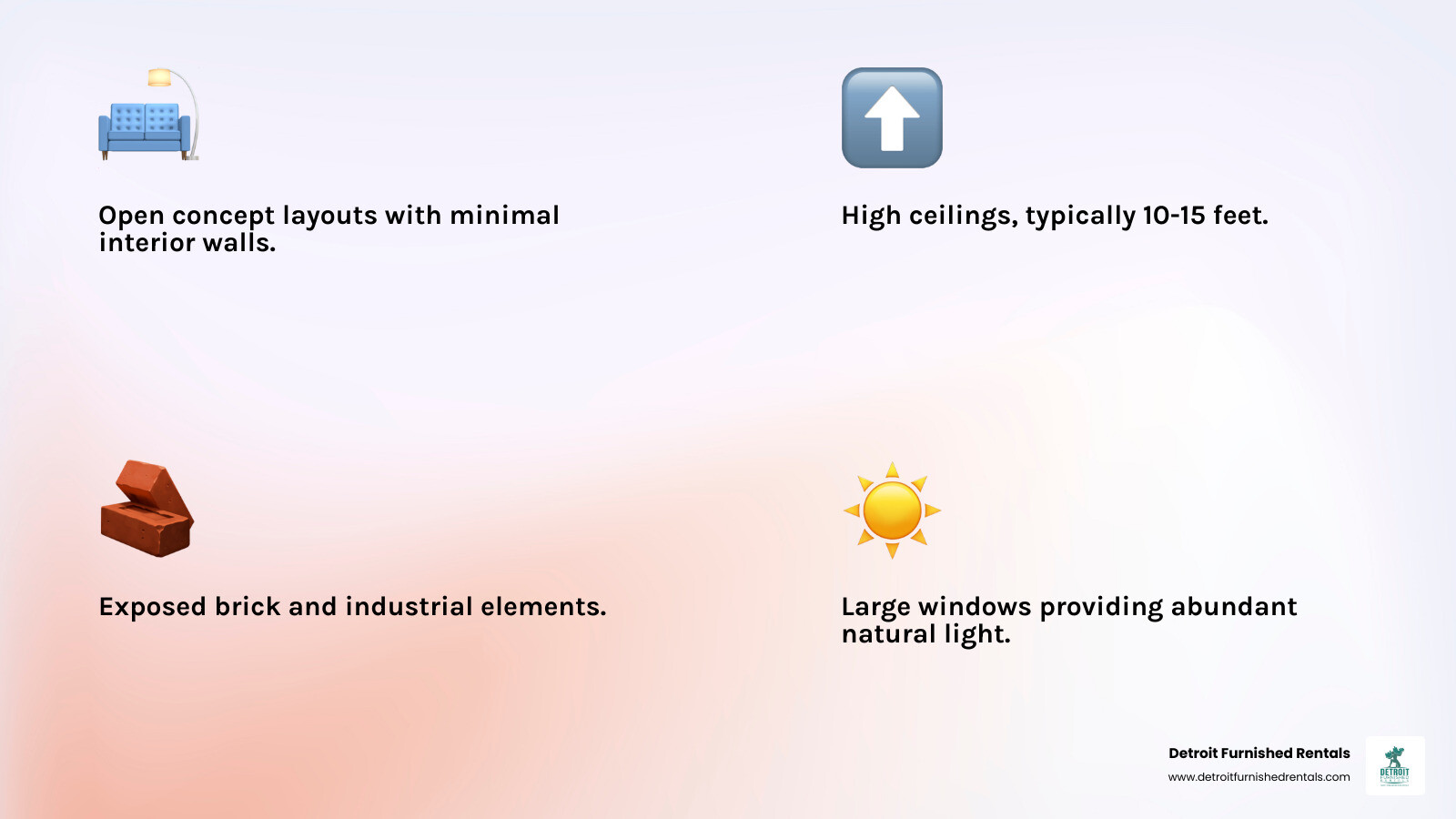 Infographic showing loft characteristics: open floor plan with minimal walls, high ceilings 10-15 feet, large industrial windows, exposed brick and ductwork, hardwood floors, and flexible living spaces with lofted storage areas - lofts in midtown detroit infographic 4_facts_emoji_light-gradient