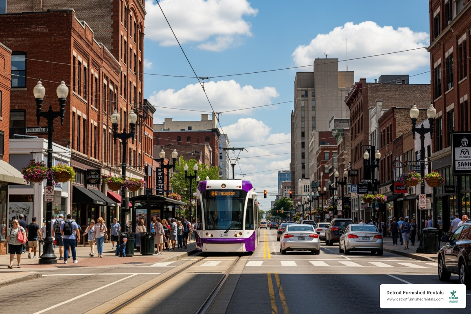 busy street scene in Midtown Detroit, showing the QLine and pedestrians - lofts in midtown detroit