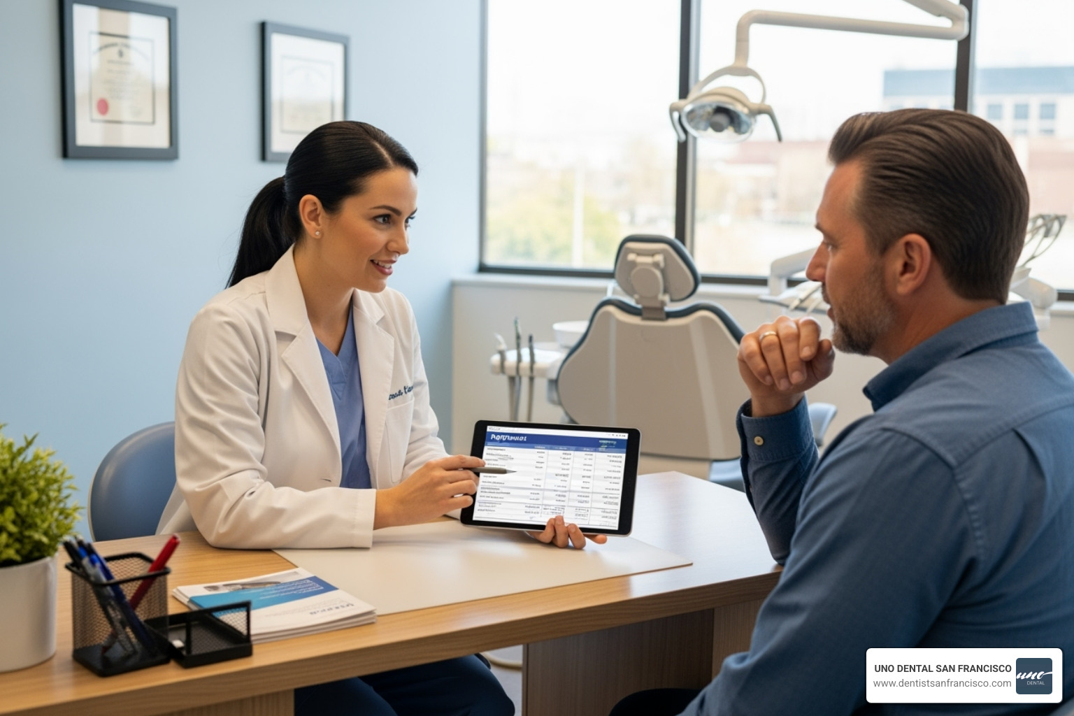 Dentist discussing a payment plan with a patient - cosmetic dental insurance