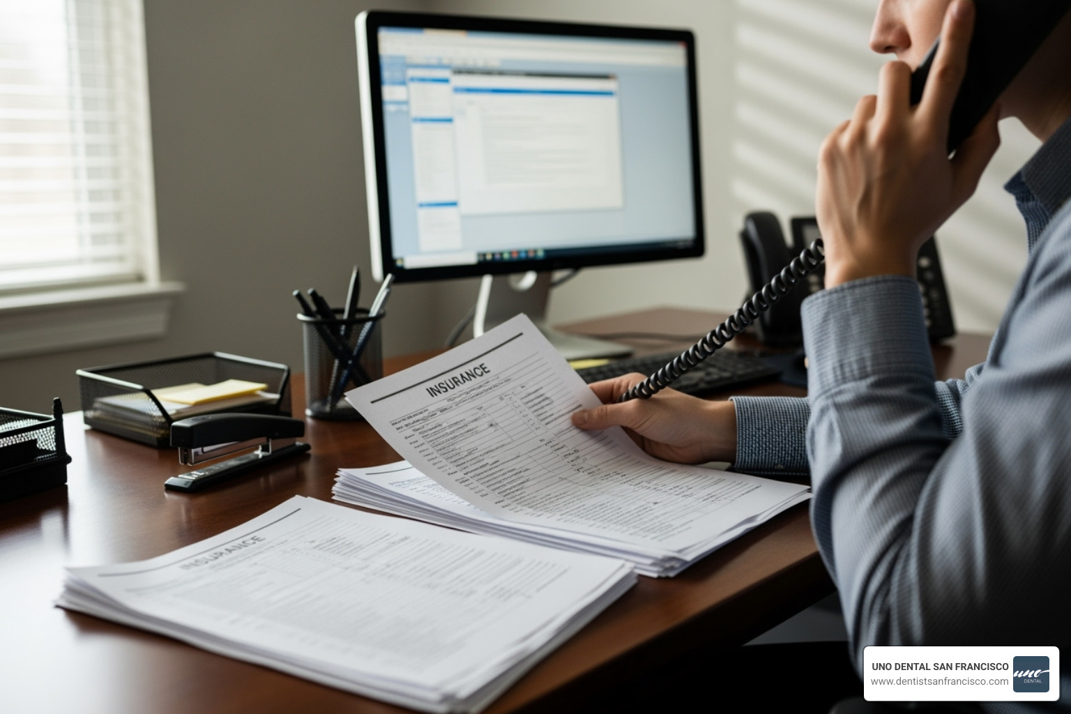 Someone on the phone reviewing an insurance document - cosmetic dental insurance
