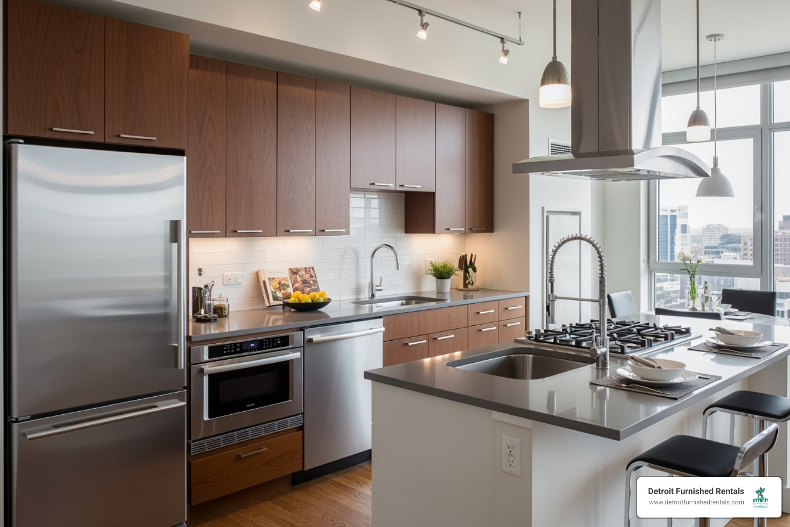 Modern apartment kitchen with stainless steel appliances - Wayne State furnished apartments