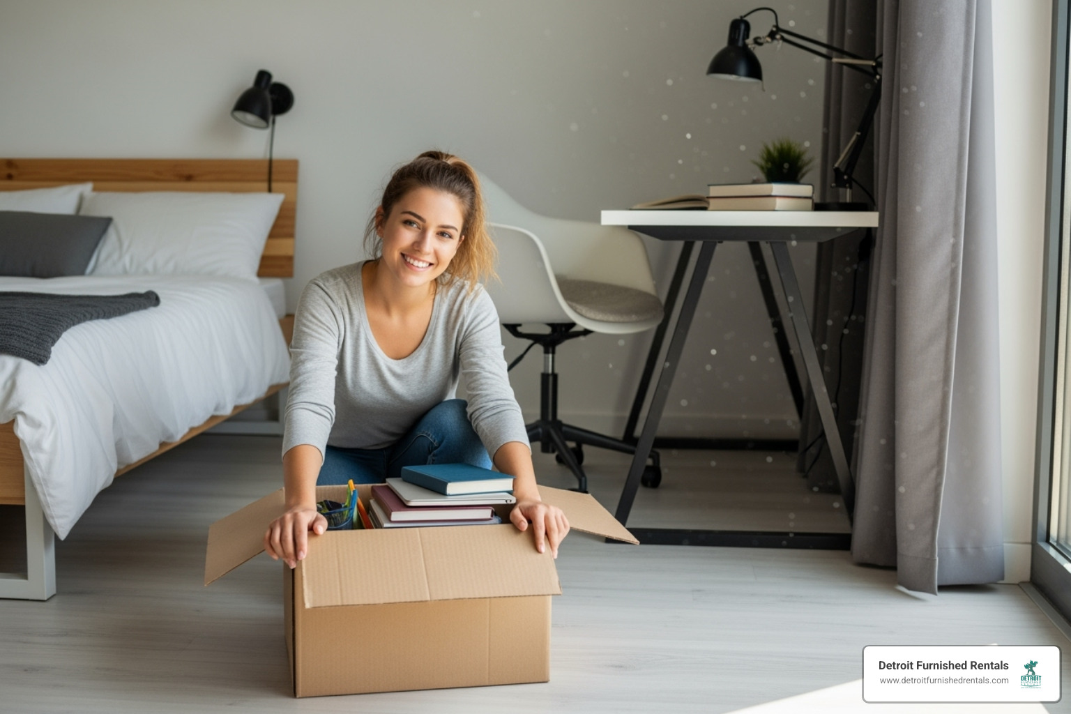 Student happily unpacking a single box in a fully furnished room - Wayne State furnished apartments