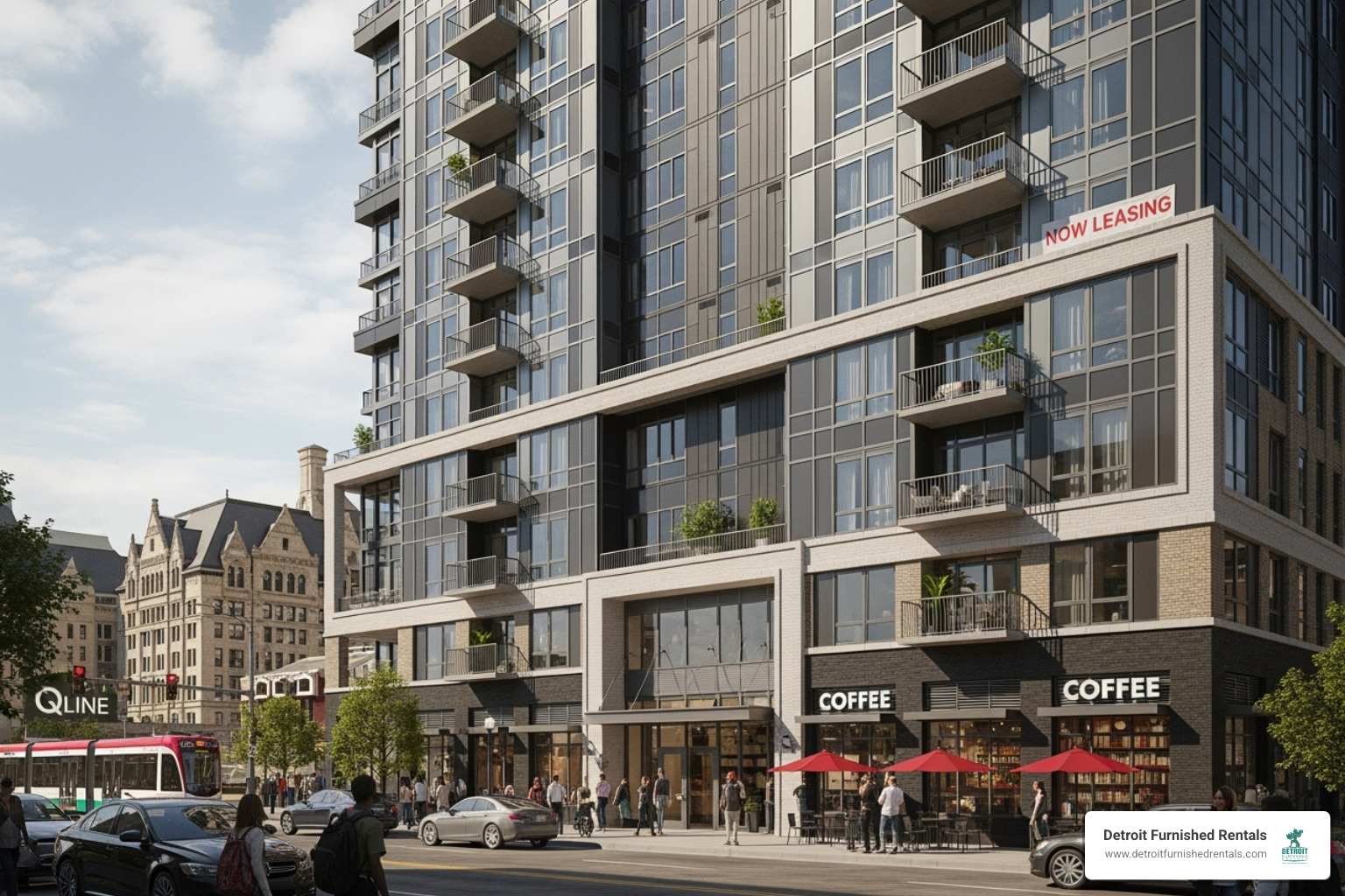 Modern apartment building exterior near Wayne State - Wayne State furnished apartments