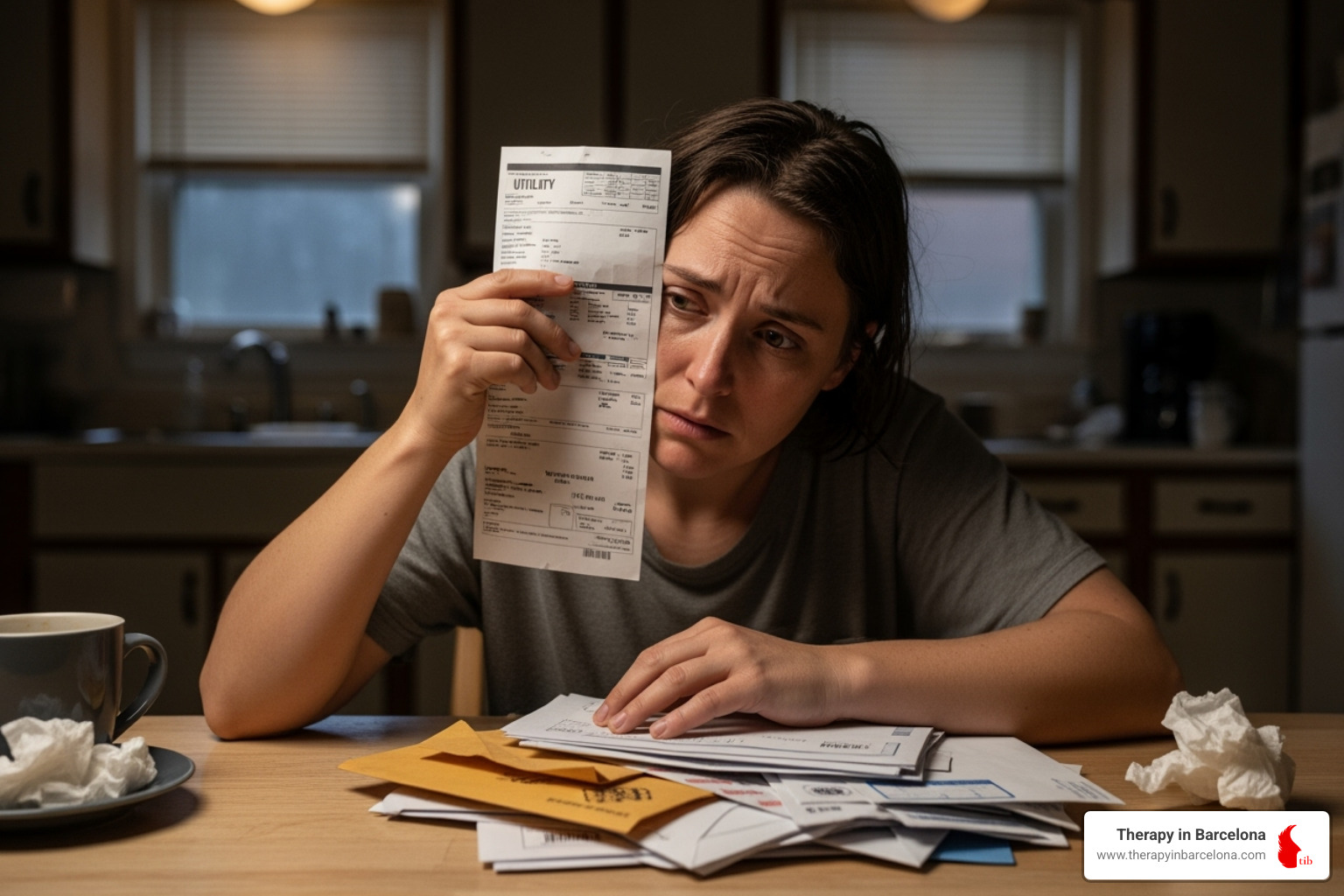 A person looking worried while reviewing bills - mental health immigrants