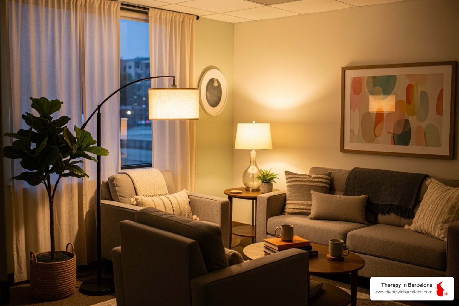 Therapy office space with warm lighting and comfortable furniture - international student therapy Therapy office space with warm lighting and comfortable furniture - international student therapy
