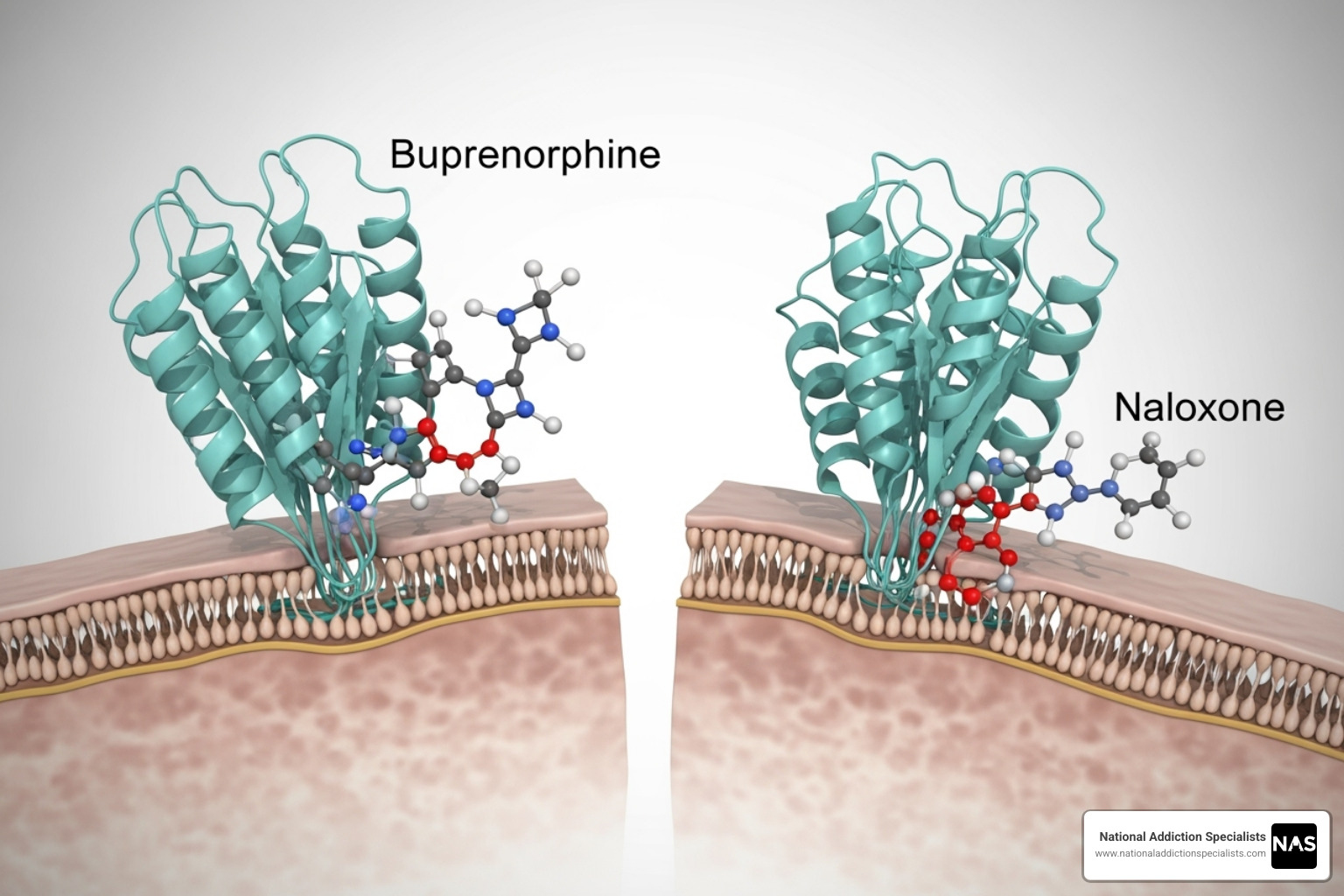 Illustration showing buprenorphine as a partial agonist fitting into opioid receptors to reduce cravings and withdrawal, while naloxone blocks full opioid effects - Telemedicine for Suboxone