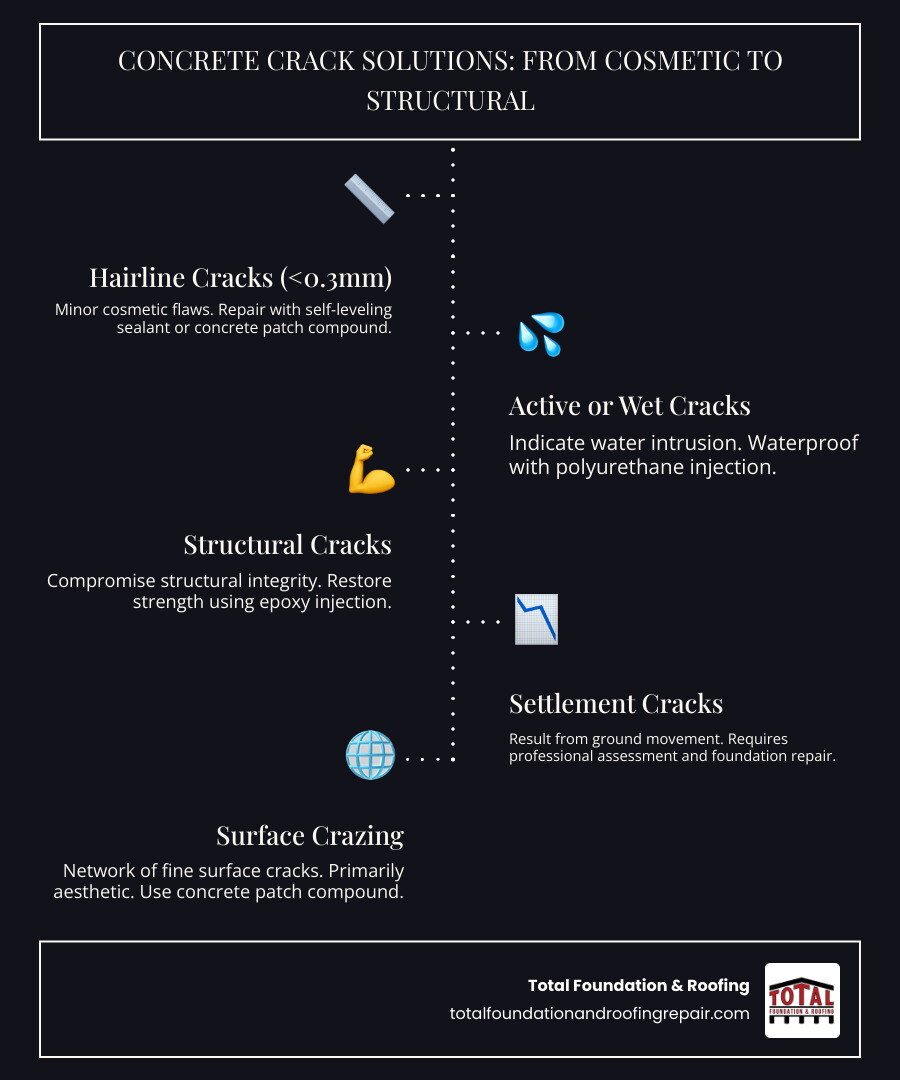 Infographic showing the progression from hairline cosmetic cracks to serious structural damage, with repair methods for each stage including surface sealants for minor cracks, injection methods for active leaks, and professional foundation repair for structural issues - Concrete crack solutions infographic infographic-line-5-steps-dark