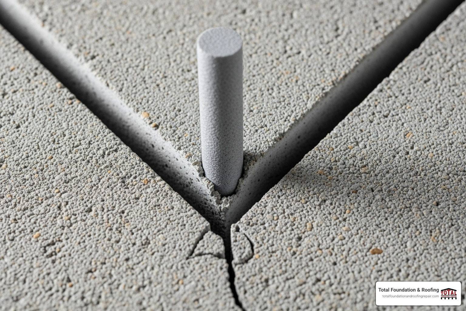 A V-grooved concrete crack cleaned and prepared for repair, with a backer rod inserted into the deeper sections - Concrete crack solutions