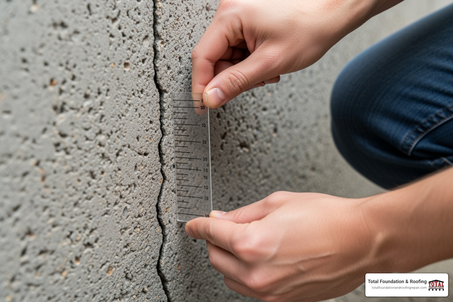 A person using a crack-width card to measure the width of a concrete crack on a foundation - Concrete crack solutions