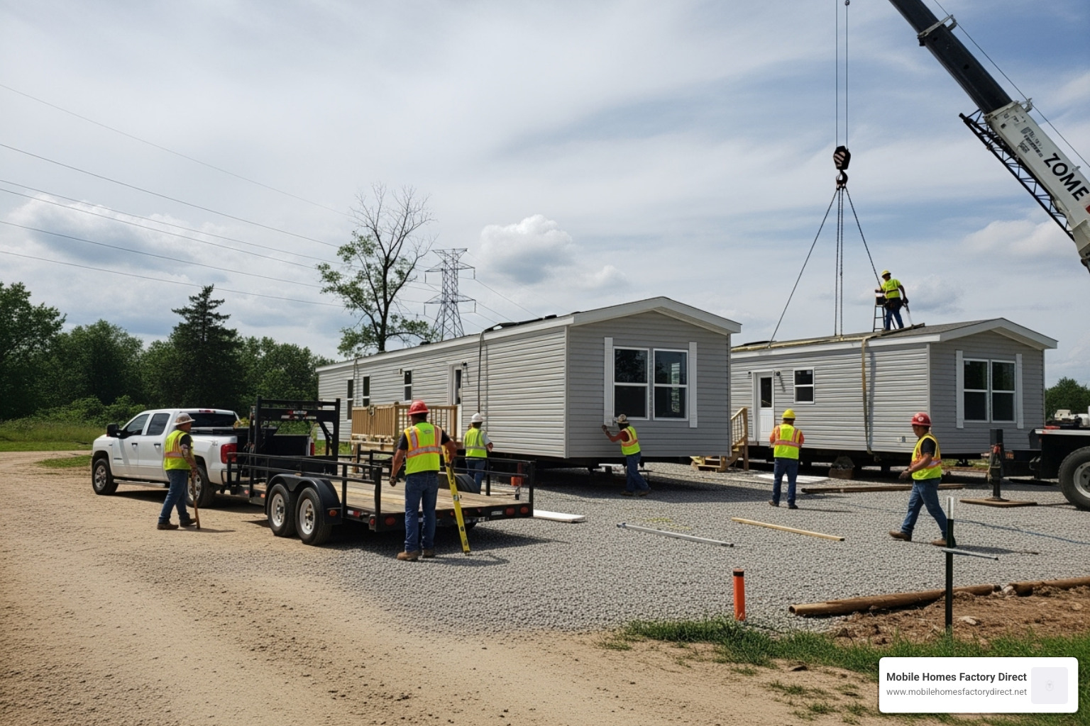 Mobile home being set up on land - repossessed house trailers for sale