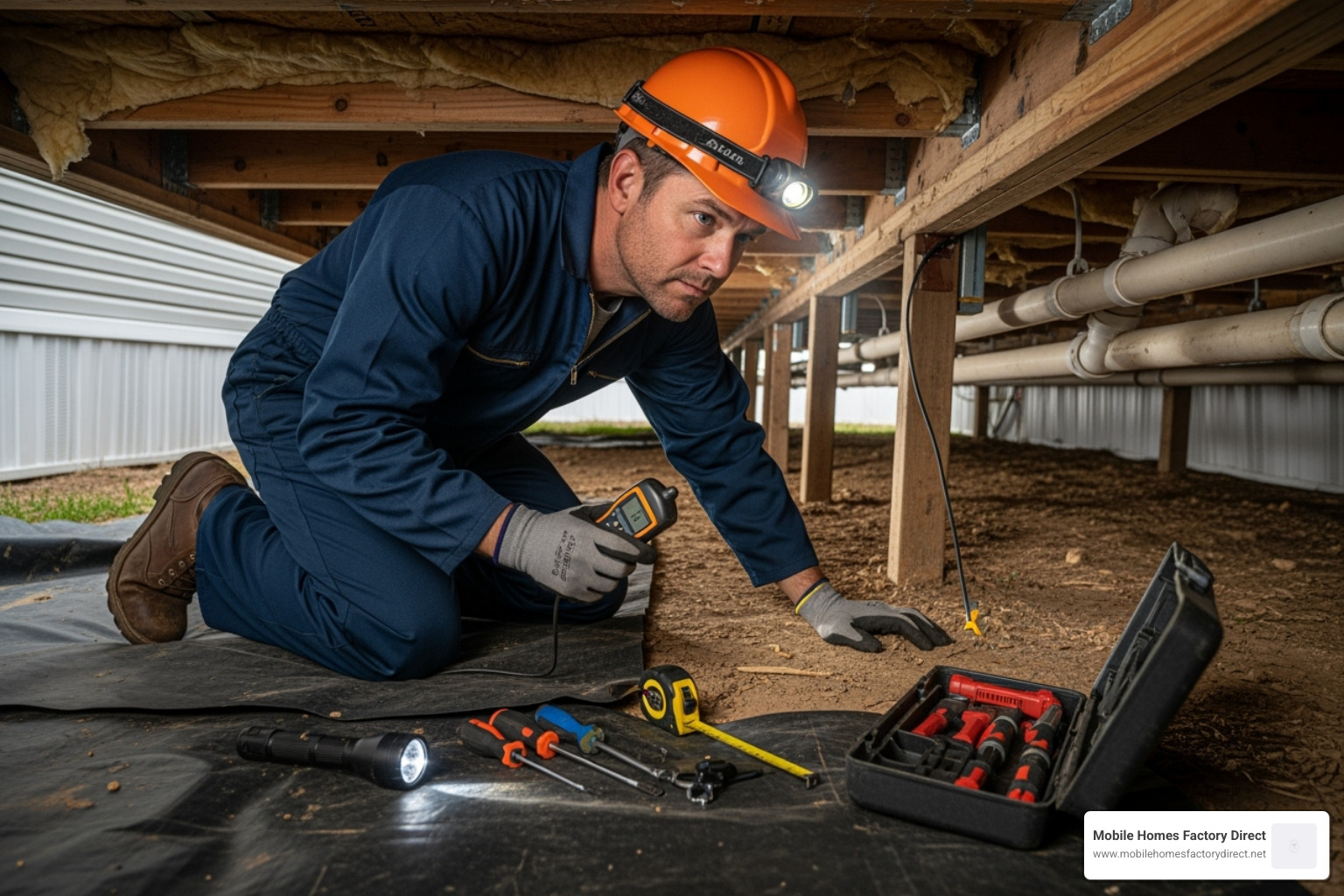 Inspector examining mobile home undercarriage - repossessed house trailers for sale