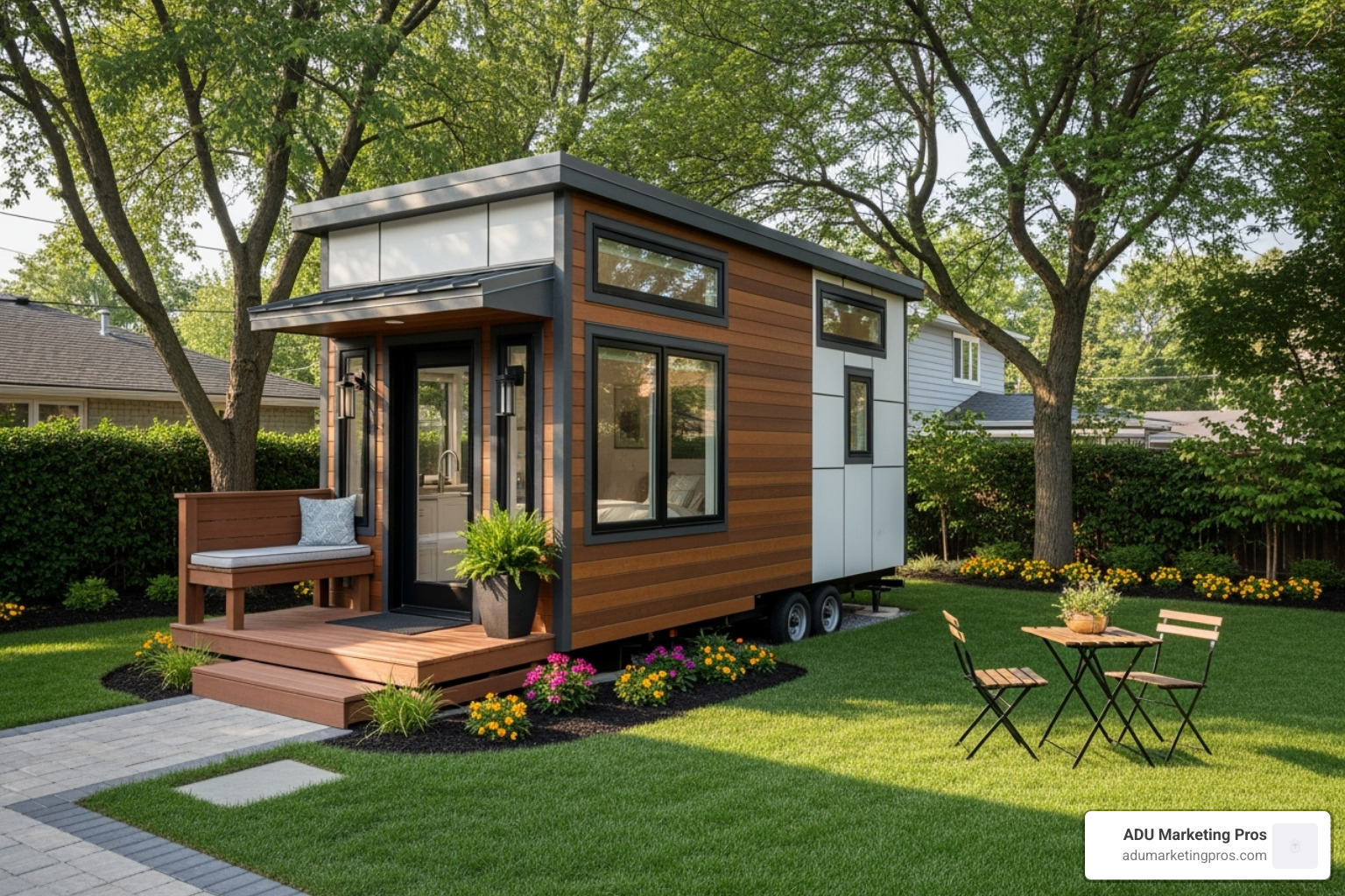 Tiny Home on Foundation (THOF) in a suburban backyard, functioning as a guest house - best tiny home builders