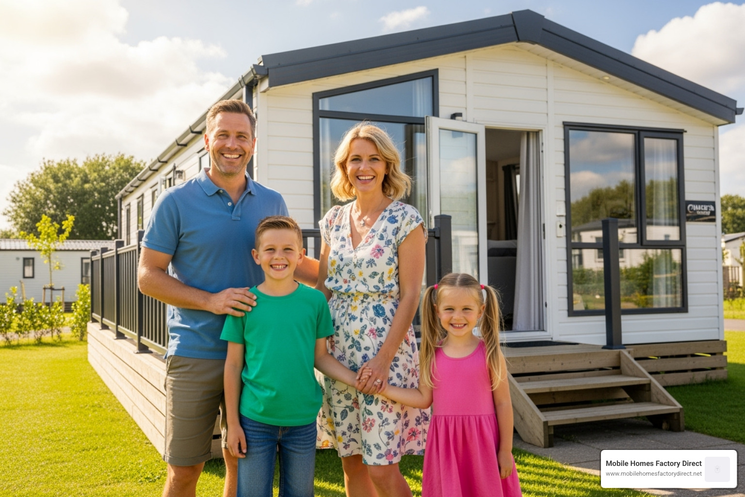 Happy family in front of their new mobile home - repossessed house trailers for sale