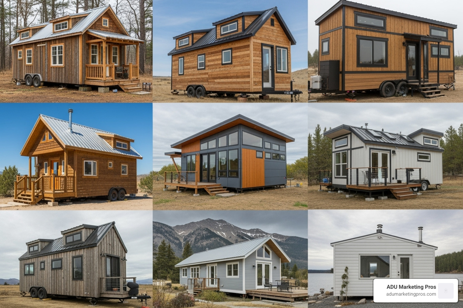 diverse collage of tiny homes from various builders, showcasing different styles including rustic, modern, and minimalist designs - best tiny home builders