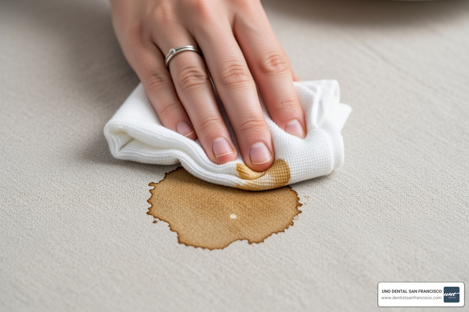 Blotting a coffee stain with a white cloth - Coffee stain removal Blotting a coffee stain with a white cloth - Coffee stain removal