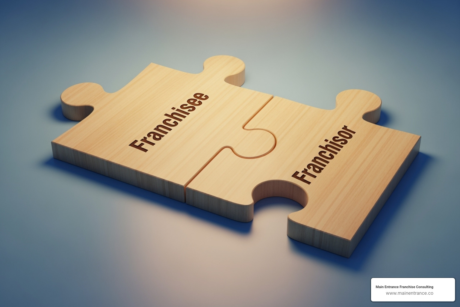 two puzzle pieces, one labeled "Franchisee" and the other "Franchisor," fitting together - franchise advisor