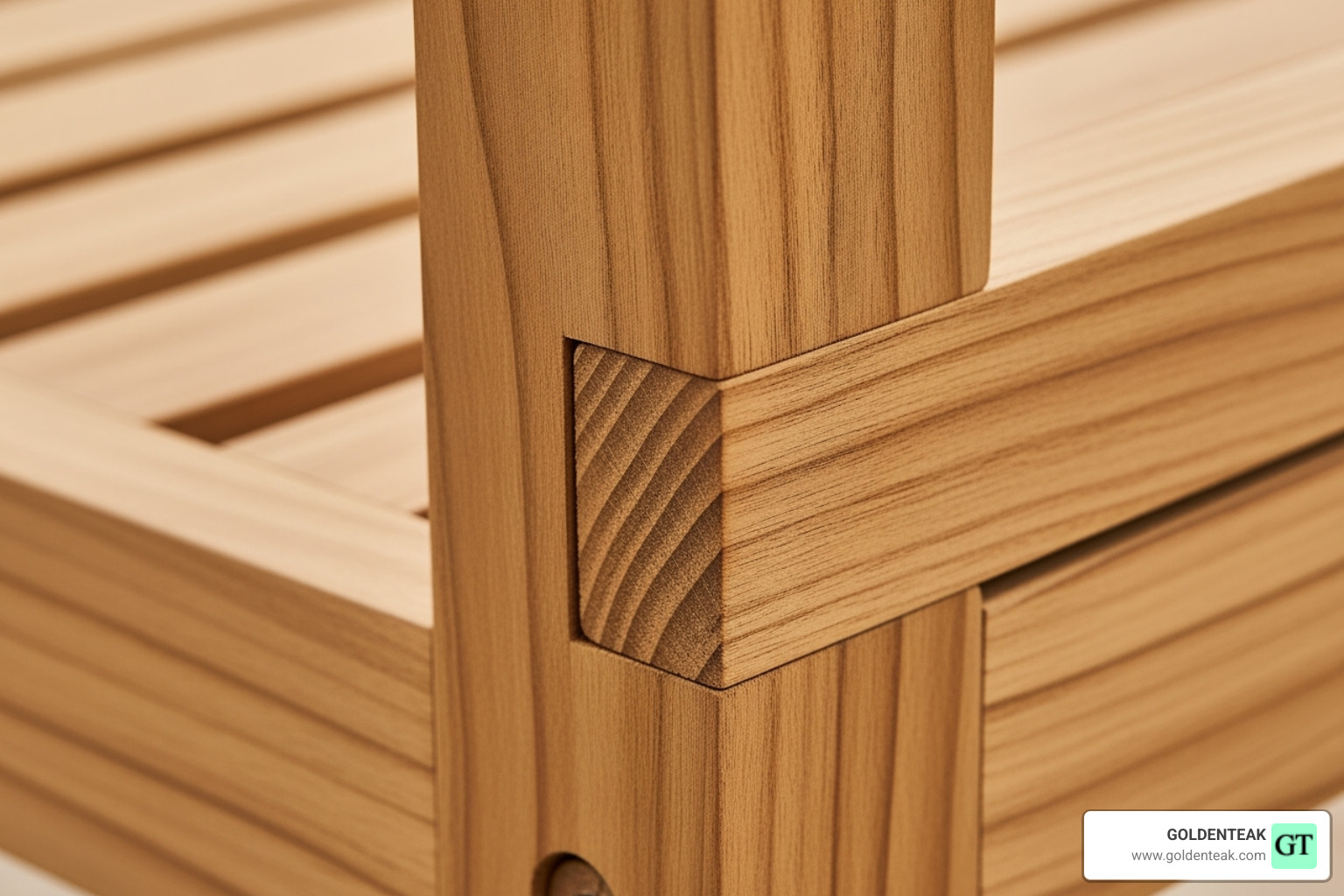 a close-up shot showing the high-quality mortise and tenon joinery and smooth finish of a GOLDENTEAK chair - teak outdoor lounge sets