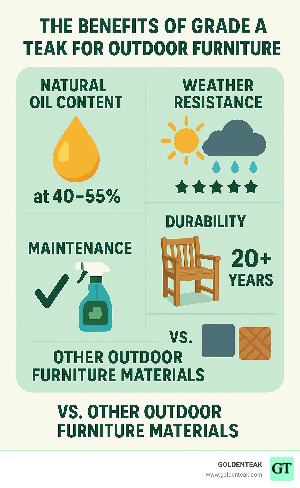 Comprehensive guide showing the benefits of Grade A Teak for outdoor furniture, featuring natural oil content percentages, weather resistance ratings, durability timeline spanning 20+ years, maintenance requirements, and comparison with other outdoor furniture materials - teak outdoor lounge sets infographic 