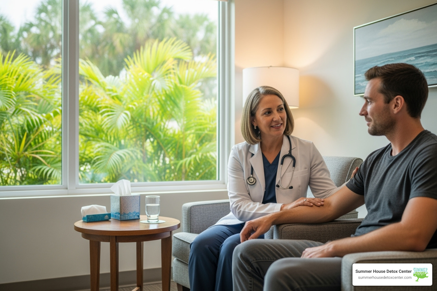 compassionate medical professional talking with a patient in a Florida detox center - detox for heroin