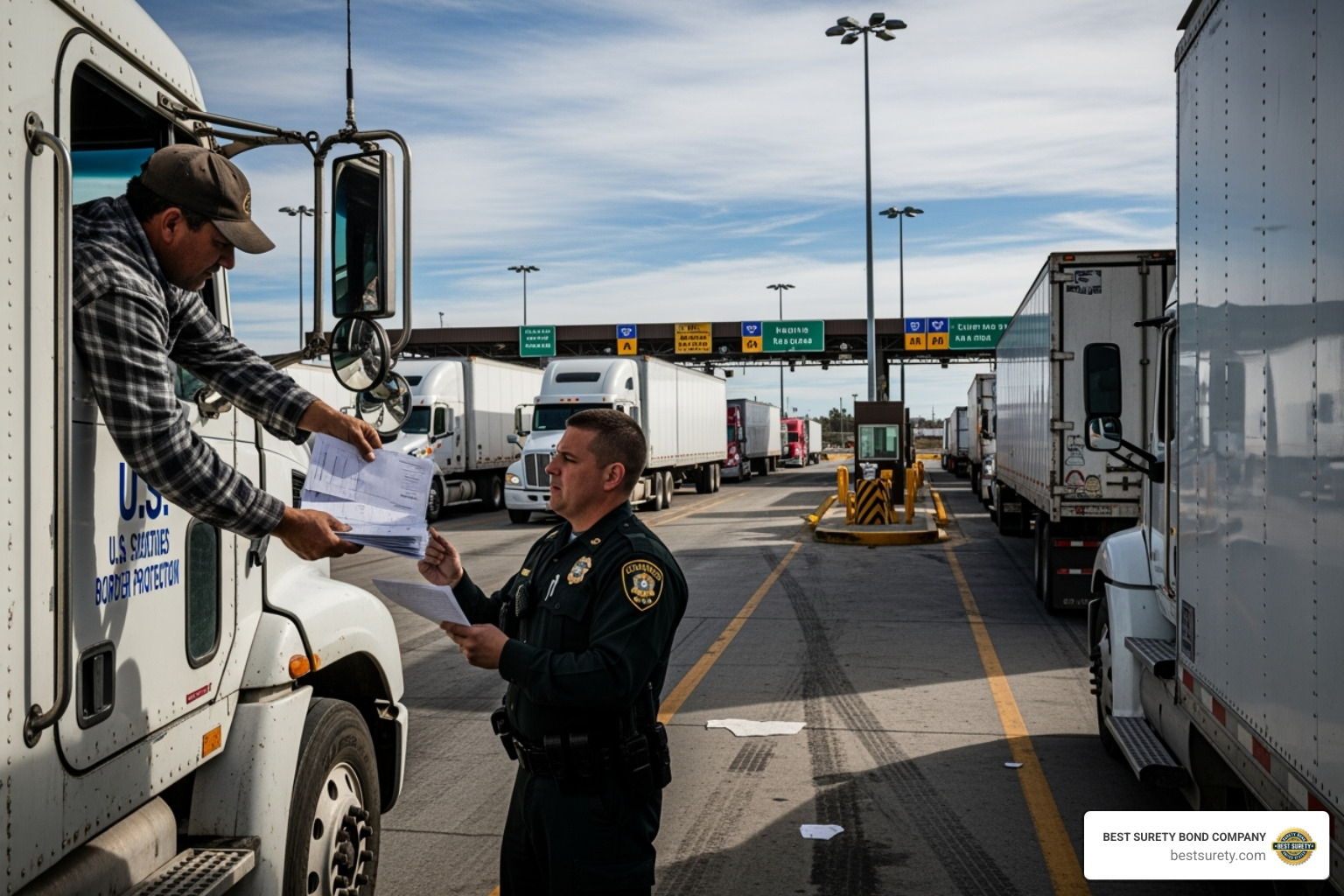 truck driver handing paperwork to a customs officer at the Laredo border crossing - bond freight forwarding truck driver handing paperwork to a customs officer at the Laredo border crossing - bond freight forwarding
