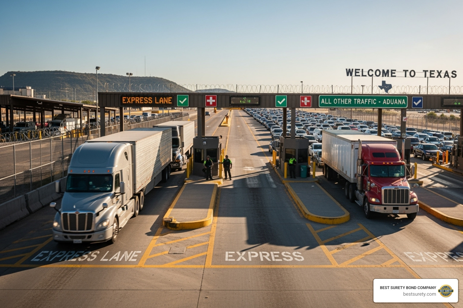 two trucks at a Texas border crossing, one moving through an express lane labeled "Bonded Carrier" and the other in a long queue - bond freight forwarding two trucks at a Texas border crossing, one moving through an express lane labeled "Bonded Carrier" and the other in a long queue - bond freight forwarding