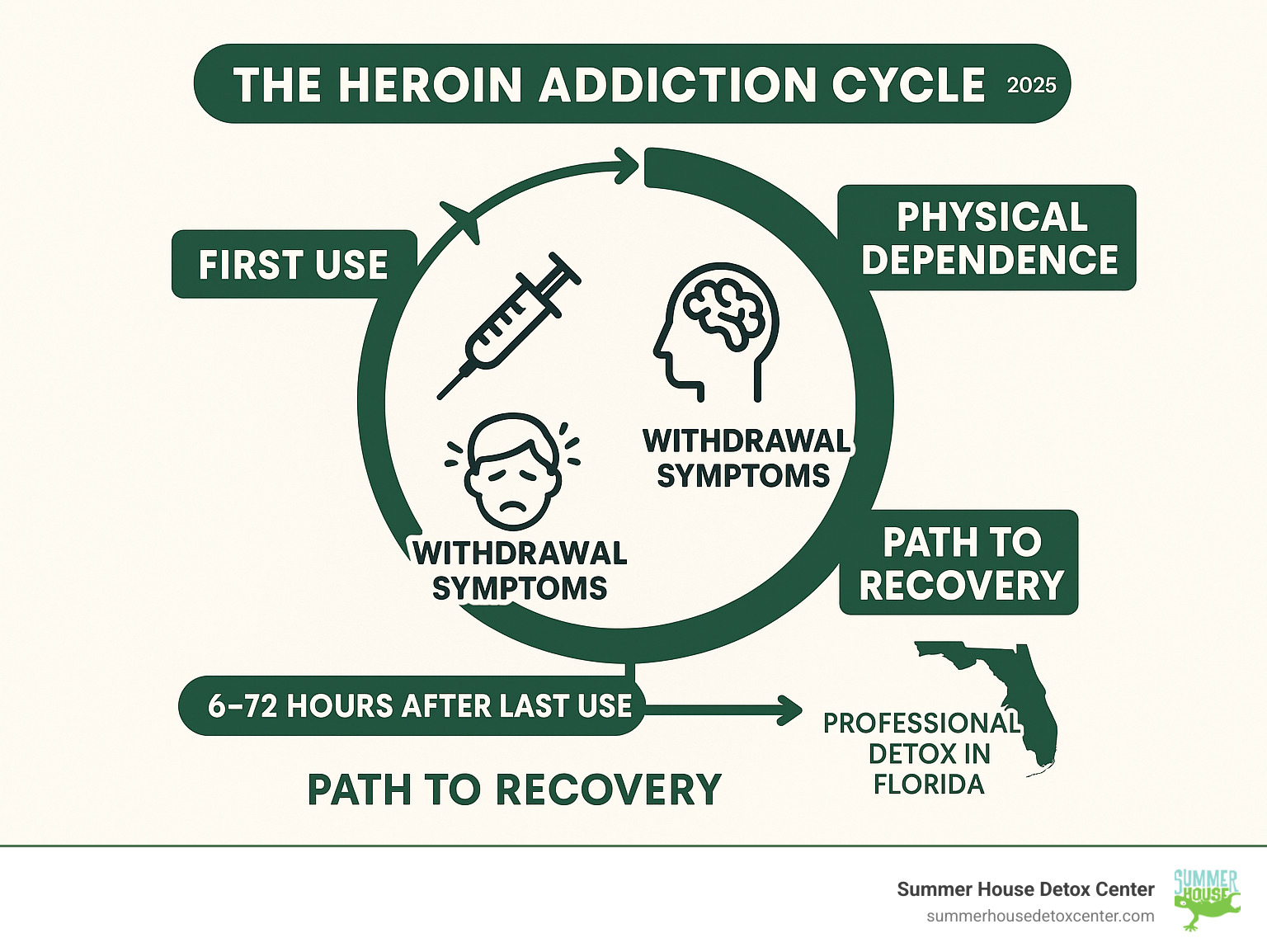 Comprehensive infographic showing the heroin addiction cycle from first use through physical dependence, withdrawal symptoms timeline, and path to recovery through professional detox in Florida - detox for heroin infographic 