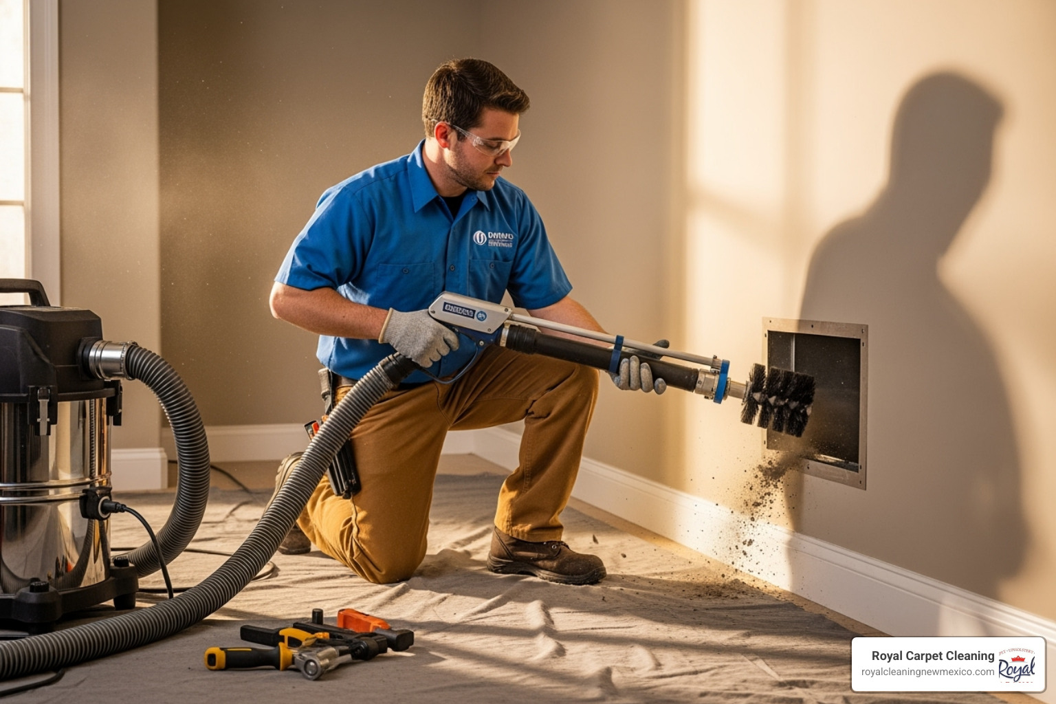 Technician using specialized air duct cleaning equipment to clean a duct - Air duct cleaning Albuquerque