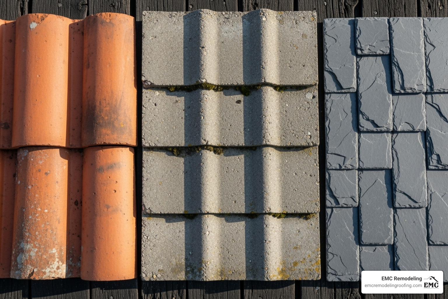 Side-by-side examples of clay, concrete, and slate tiles - tile roof replacement