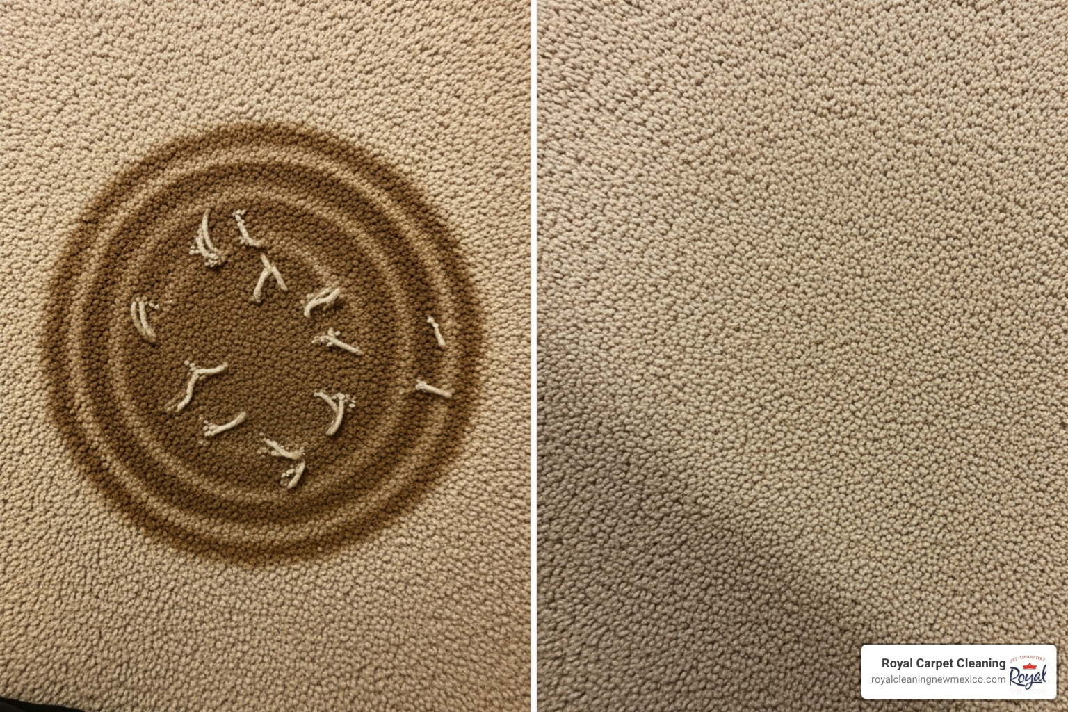 before-and-after shot of an old, faded stain being removed - get deep stains out of carpet