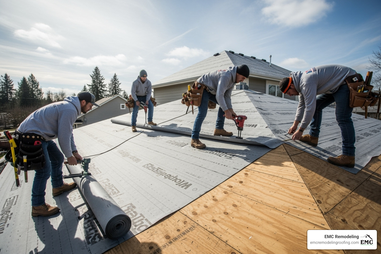 Professional roofing crew installing new underlayment on a roof deck - tile roof replacement