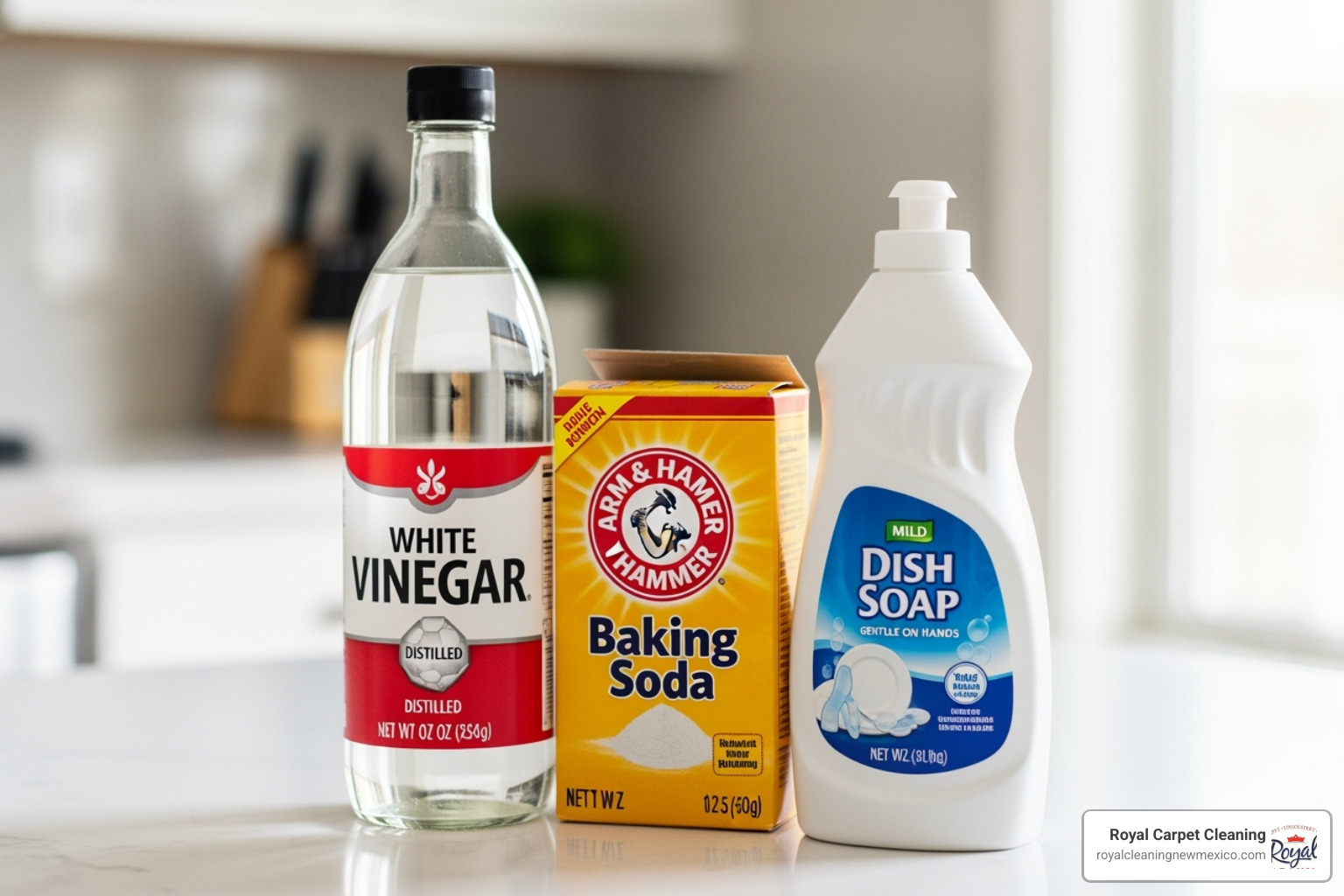 household items like vinegar, baking soda, and mild dish soap arranged for cleaning - get deep stains out of carpet