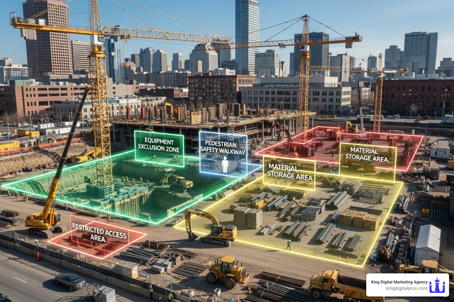 Construction site with geofenced zones for equipment and safety - geofencing software