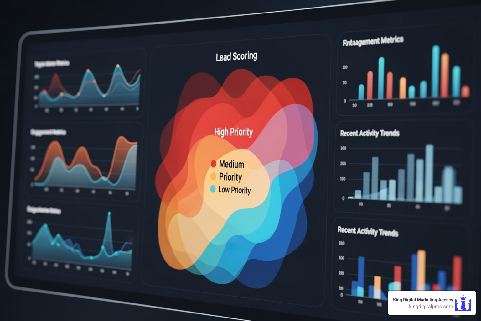 A lead scoring dashboard with color-coded priority levels, showing "Hot," "Warm," and "Cold" leads, along with their engagement scores and recent activity. - online sales lead management
