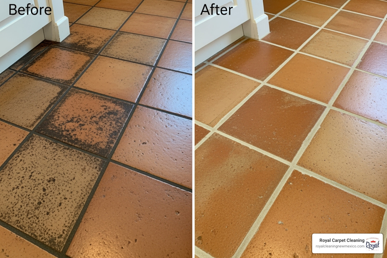 before-and-after shot of professionally cleaned Saltillo tile grout - mexican tile and stone