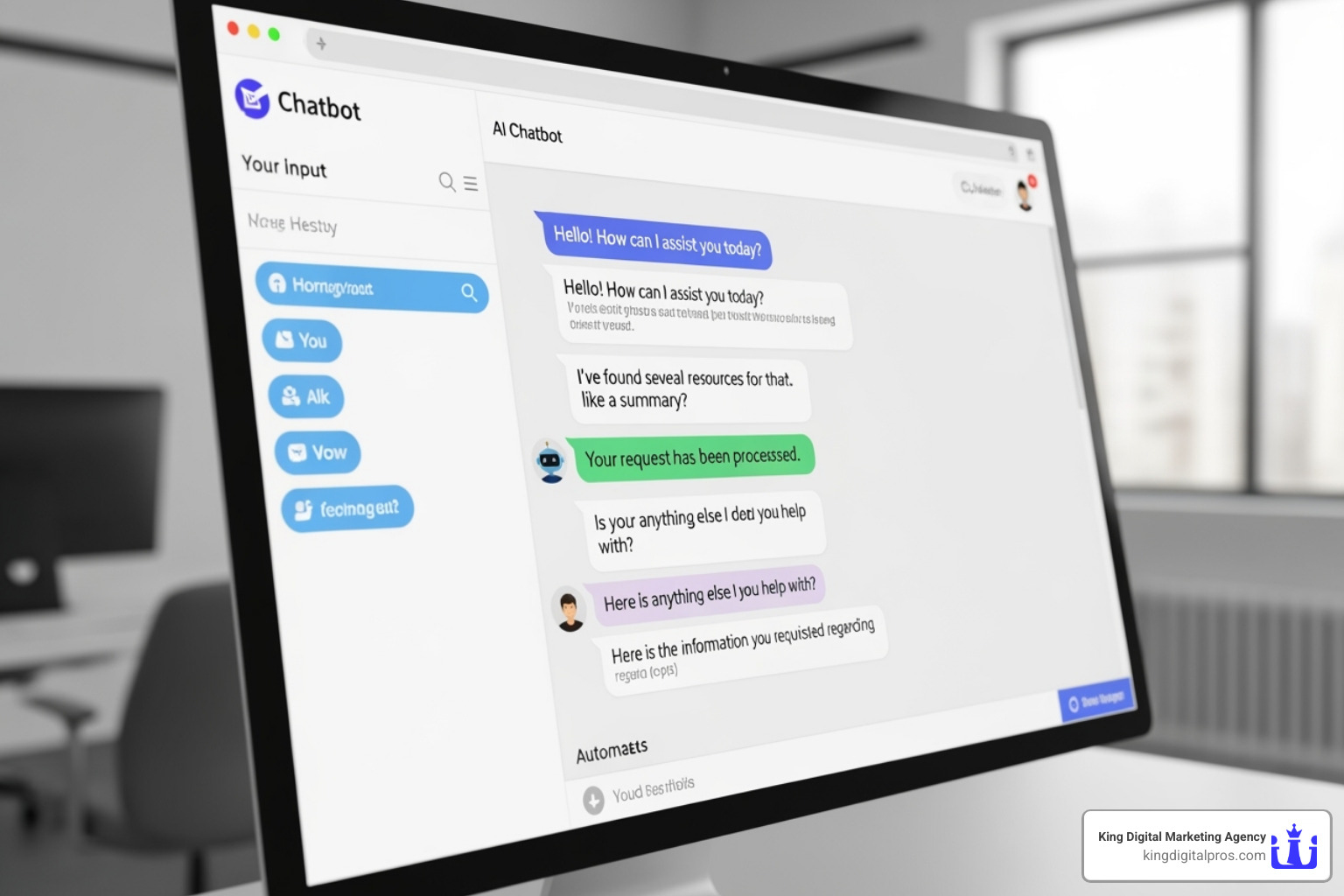 An AI chatbot interacting with a customer on a website, showing a conversational interface with automated responses and quick query resolution. - online sales lead management