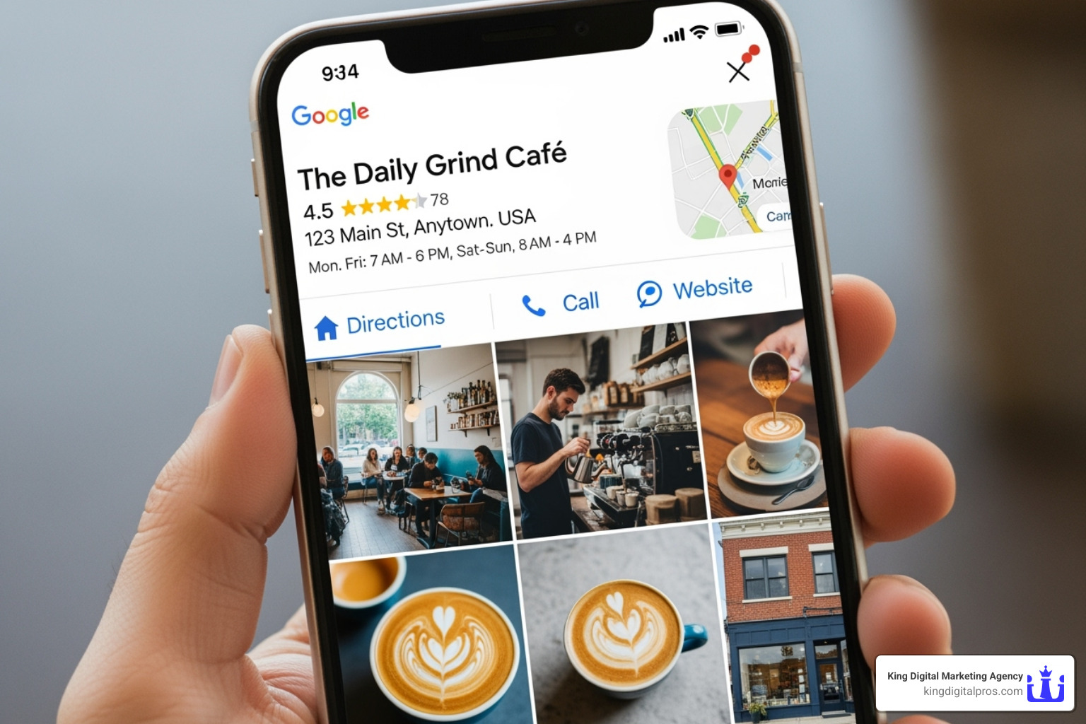 Google Business Profile displayed on a smartphone screen, showing business name, rating, address, hours, and photos - Grow local business